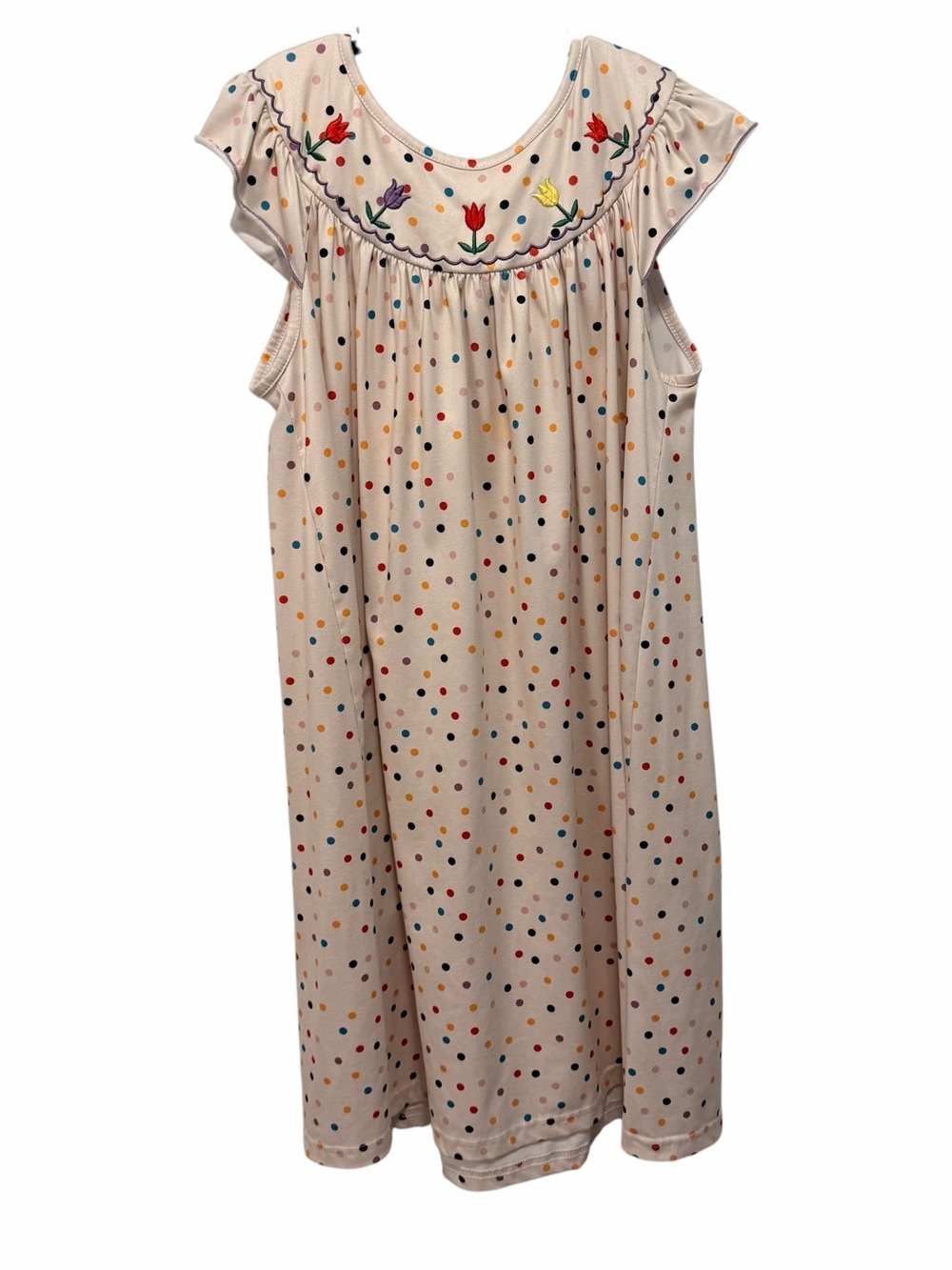 Girls' Cream Polka Dot Embroidered Yoke Dress